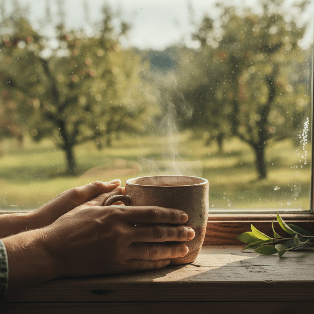 Coffee cup on a wooden table with Alps visible through the window