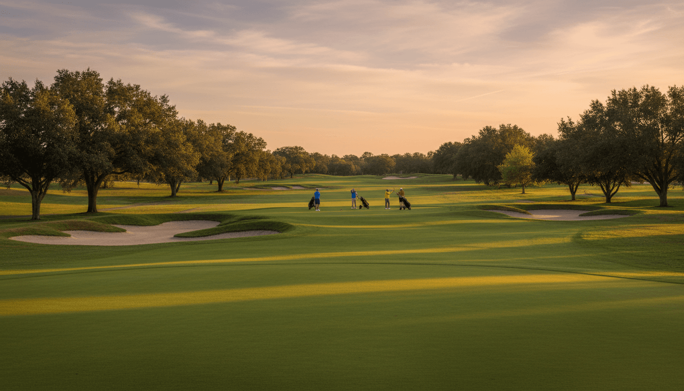 A golf ball on a green fairway with mountains in the distance