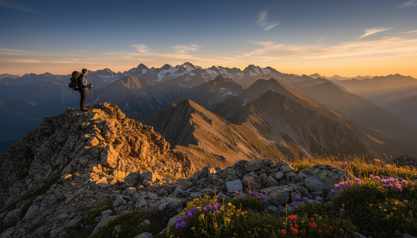 A hiking trail through alpine meadows with mountain peaks ahead