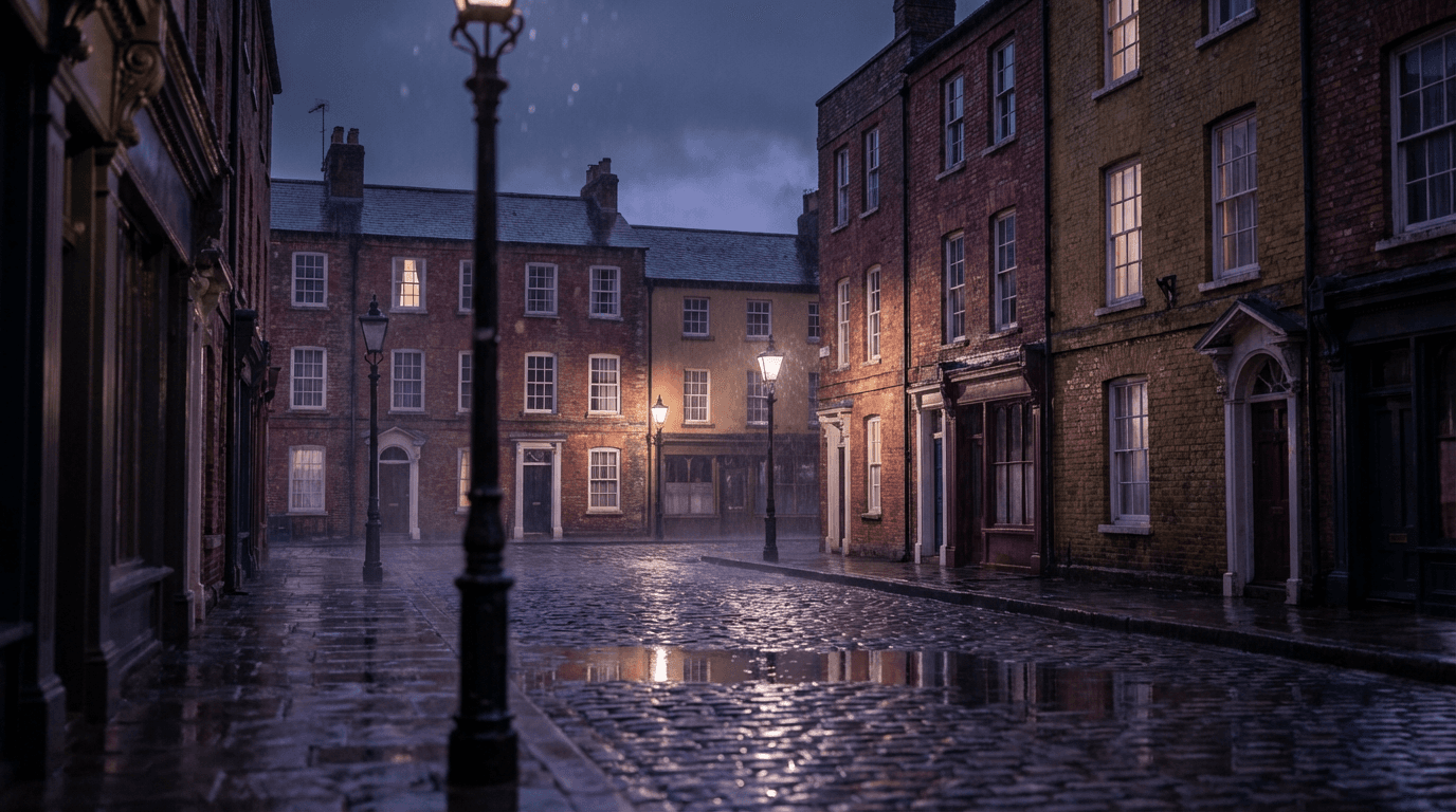 Wet cobblestones in the courtyard after a rain shower
