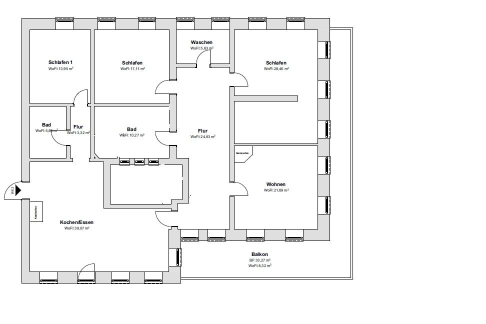 Detailed architectural floor plan of an apartment featuring multiple bedrooms, bathrooms, and a large balcony.