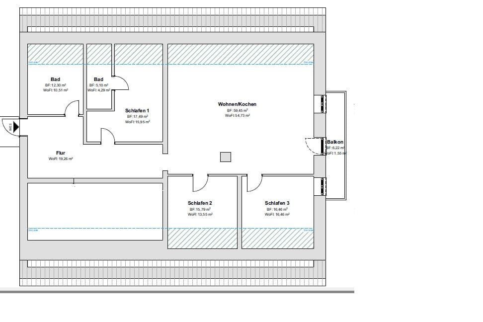 Floor plan of a three-bedroom apartment with two bathrooms, living/kitchen area, and a balcony.